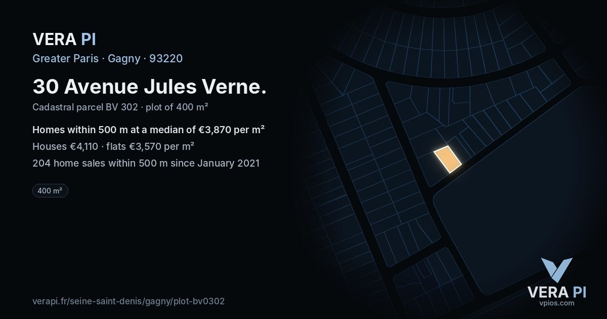 30 Avenue Jules Verne, Gagny at night – the plot lit, the parcels around coloured by the prices near them