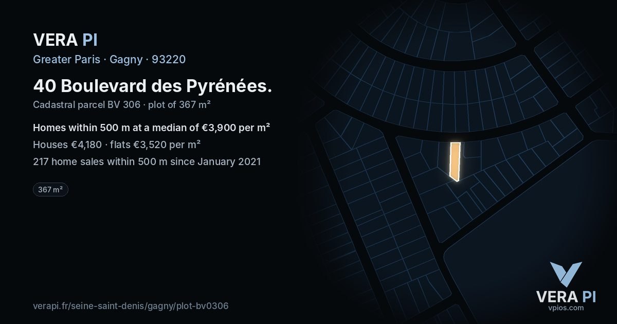 40 Boulevard des Pyrénées, Gagny at night – the plot lit, the parcels around coloured by the prices near them