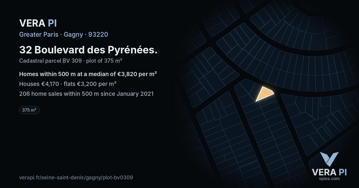 32 Boulevard des Pyrénées, Gagny at night – the plot lit, the parcels around coloured by the prices near them