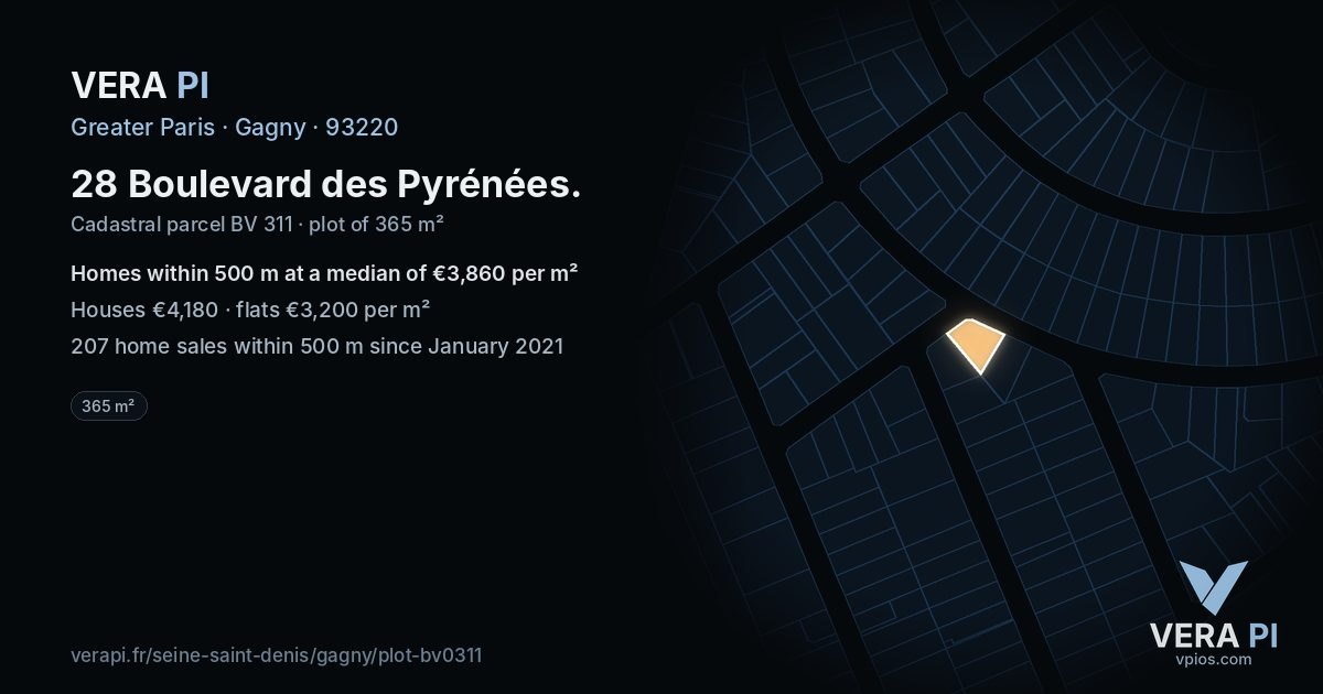 28 Boulevard des Pyrénées, Gagny at night – the plot lit, the parcels around coloured by the prices near them
