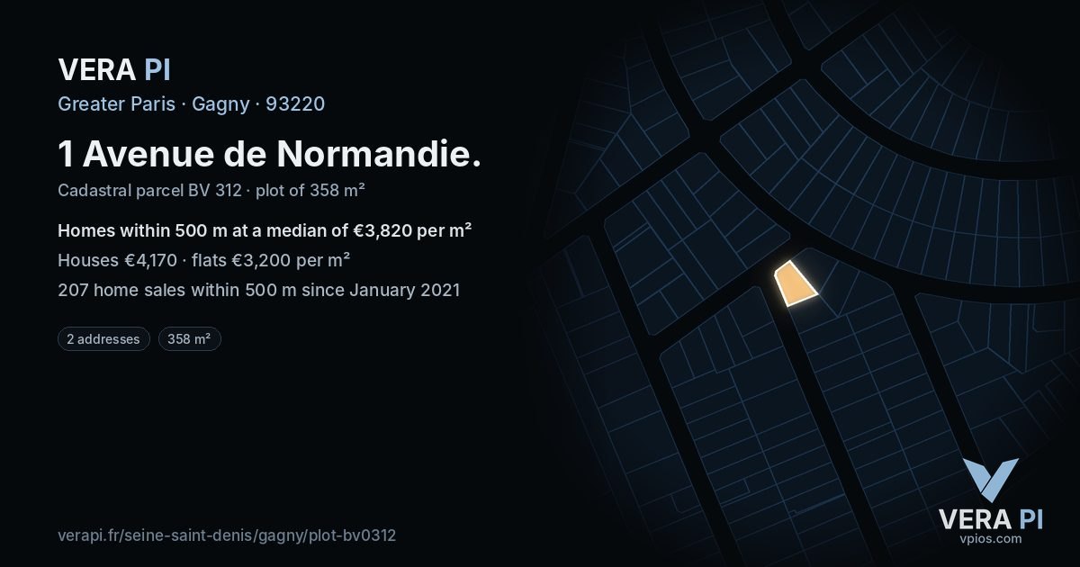 1 Avenue de Normandie, Gagny at night – the plot lit, the parcels around coloured by the prices near them