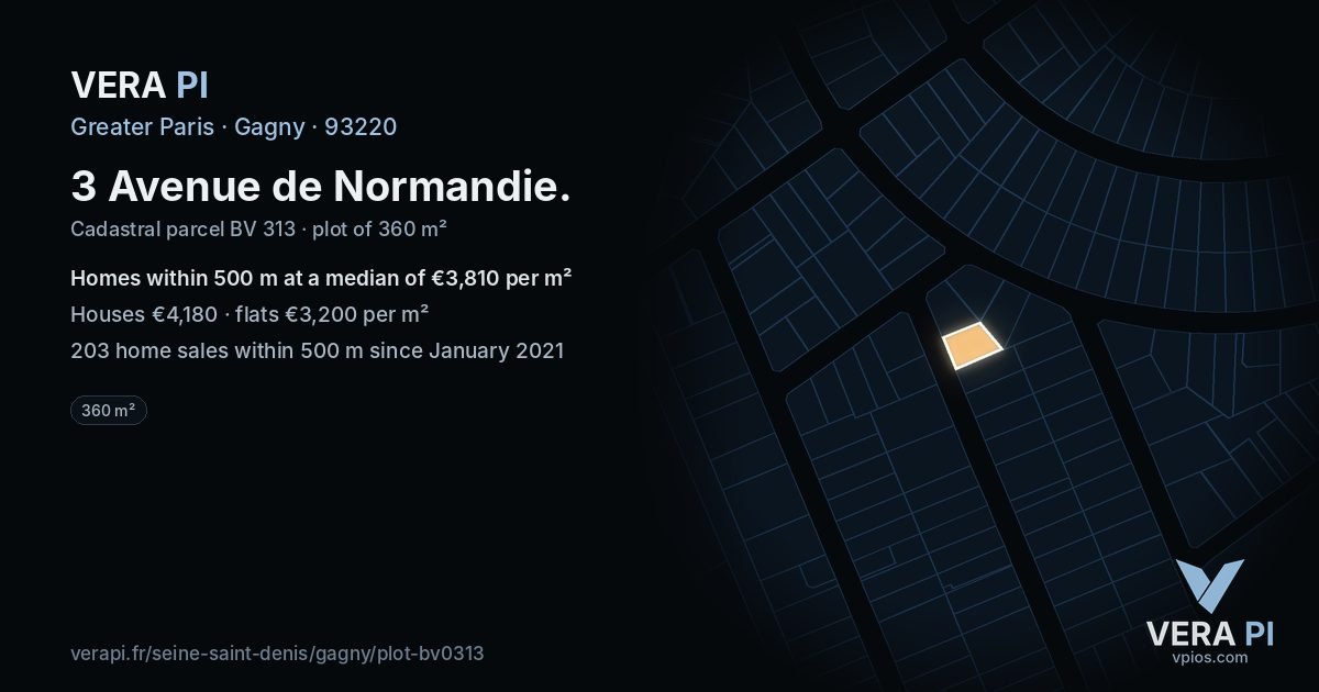 3 Avenue de Normandie, Gagny at night – the plot lit, the parcels around coloured by the prices near them