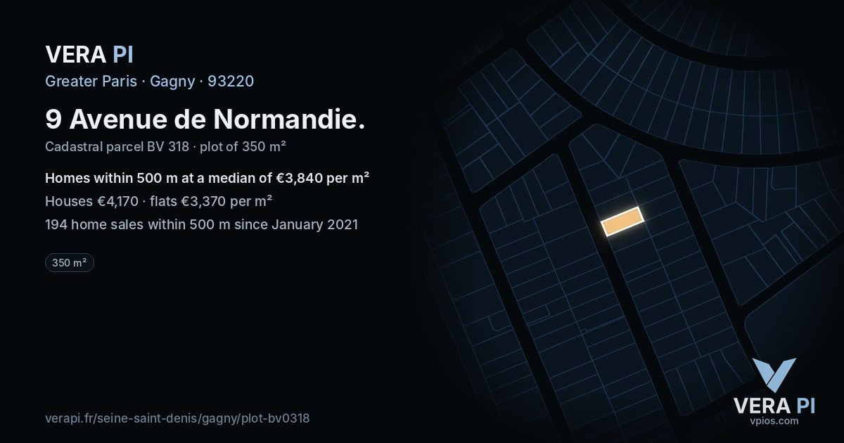 9 Avenue de Normandie, Gagny at night – the plot lit, the parcels around coloured by the prices near them