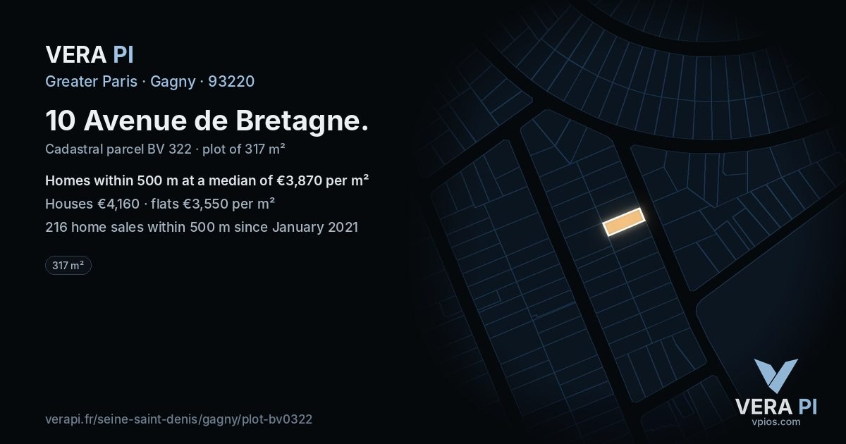 10 Avenue de Bretagne, Gagny at night – the plot lit, the parcels around coloured by the prices near them