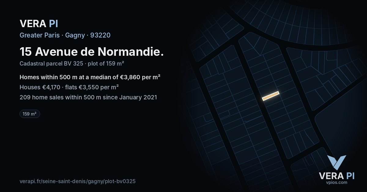 15 Avenue de Normandie, Gagny at night – the plot lit, the parcels around coloured by the prices near them