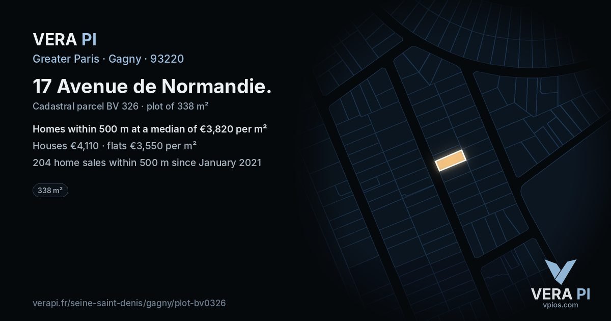 17 Avenue de Normandie, Gagny at night – the plot lit, the parcels around coloured by the prices near them