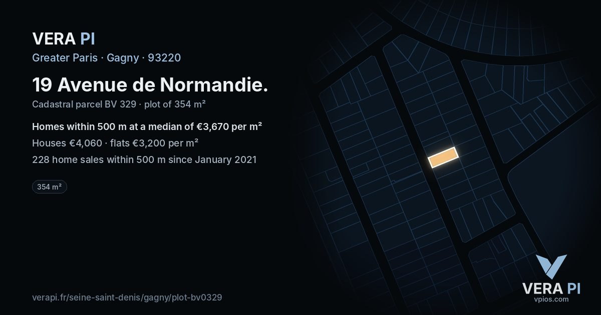 19 Avenue de Normandie, Gagny at night – the plot lit, the parcels around coloured by the prices near them