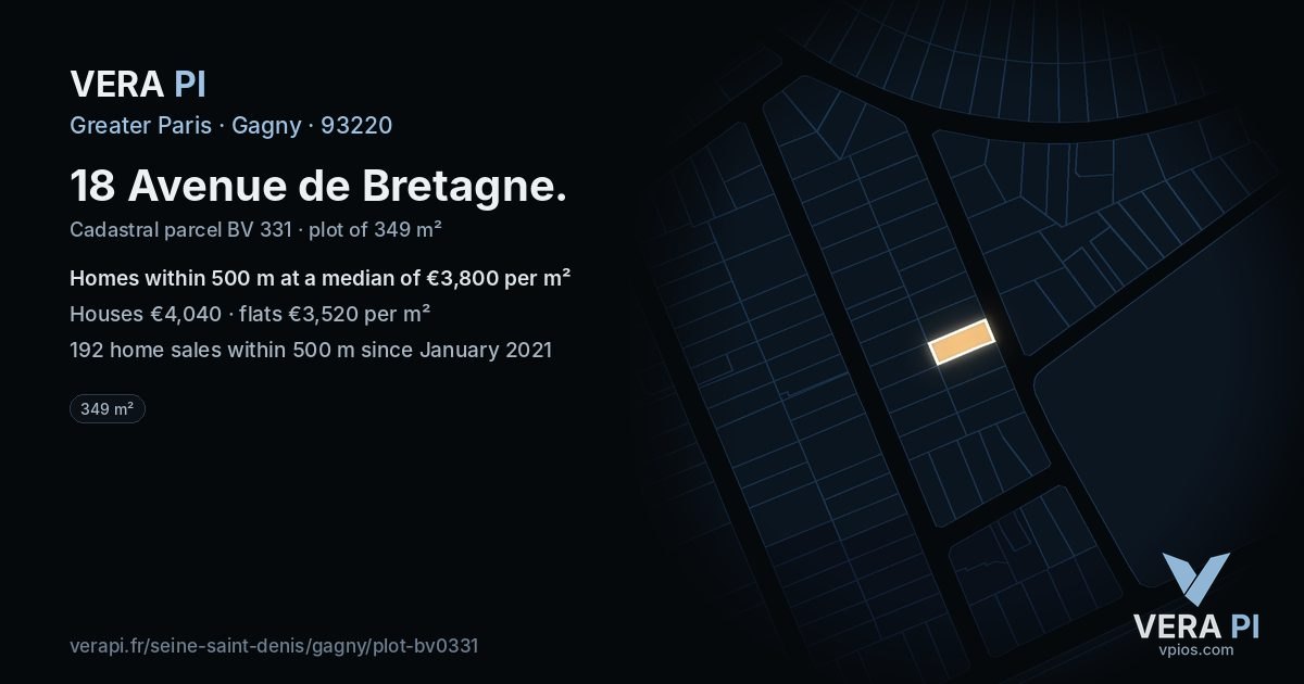 18 Avenue de Bretagne, Gagny at night – the plot lit, the parcels around coloured by the prices near them