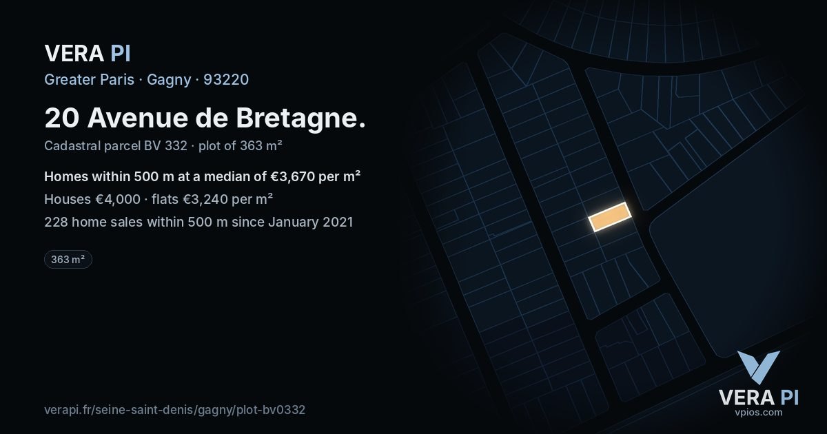 20 Avenue de Bretagne, Gagny at night – the plot lit, the parcels around coloured by the prices near them