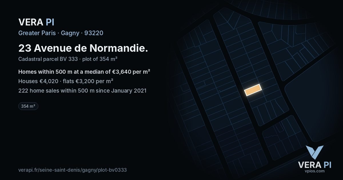 23 Avenue de Normandie, Gagny at night – the plot lit, the parcels around coloured by the prices near them