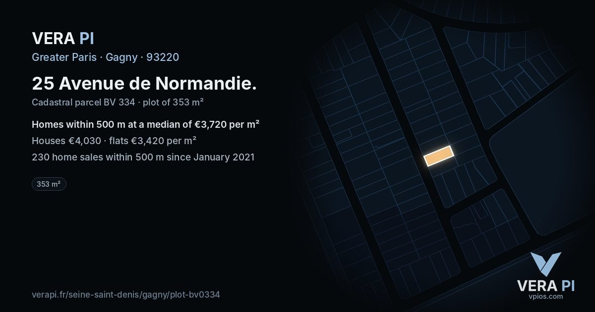 25 Avenue de Normandie, Gagny at night – the plot lit, the parcels around coloured by the prices near them