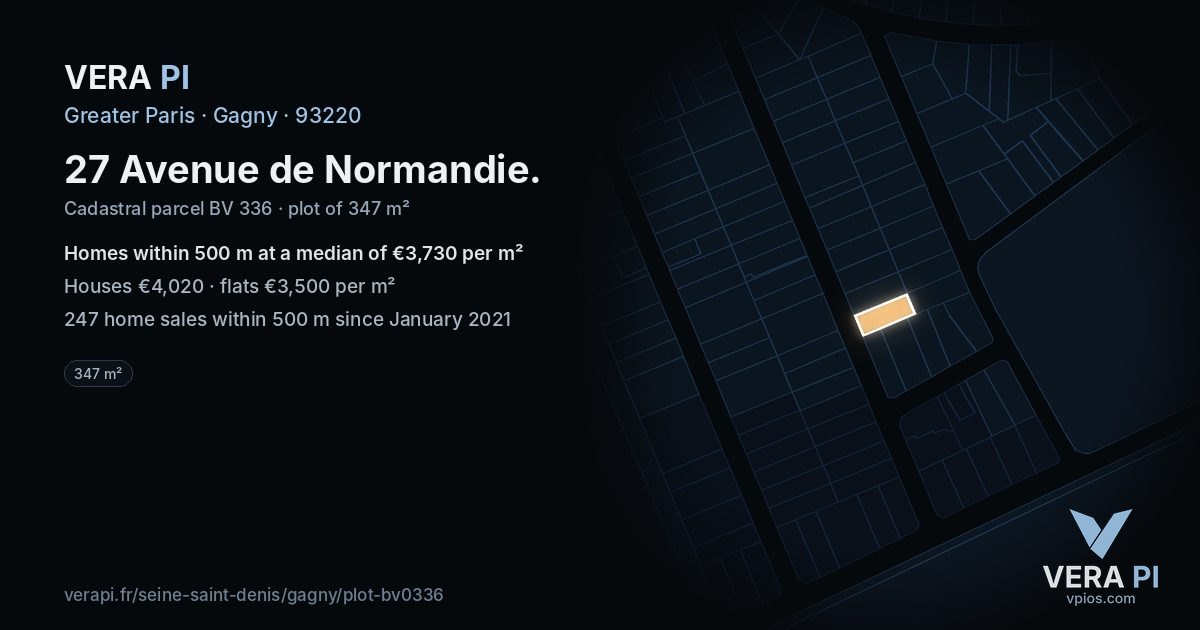 27 Avenue de Normandie, Gagny at night – the plot lit, the parcels around coloured by the prices near them