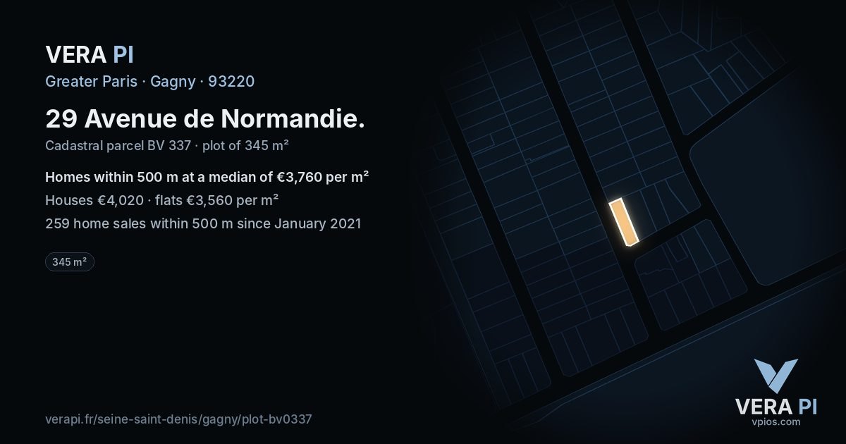 29 Avenue de Normandie, Gagny at night – the plot lit, the parcels around coloured by the prices near them