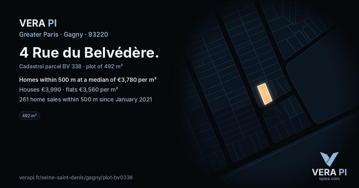 4 Rue du Belvédère, Gagny at night – the plot lit, the parcels around coloured by the prices near them
