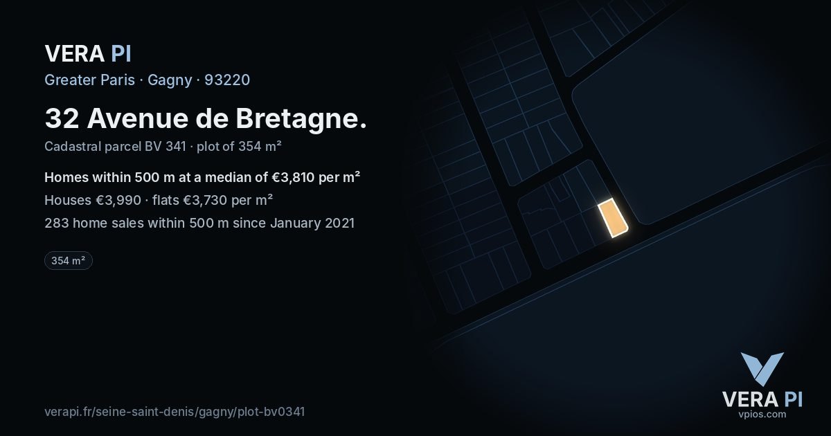 32 Avenue de Bretagne, Gagny at night – the plot lit, the parcels around coloured by the prices near them