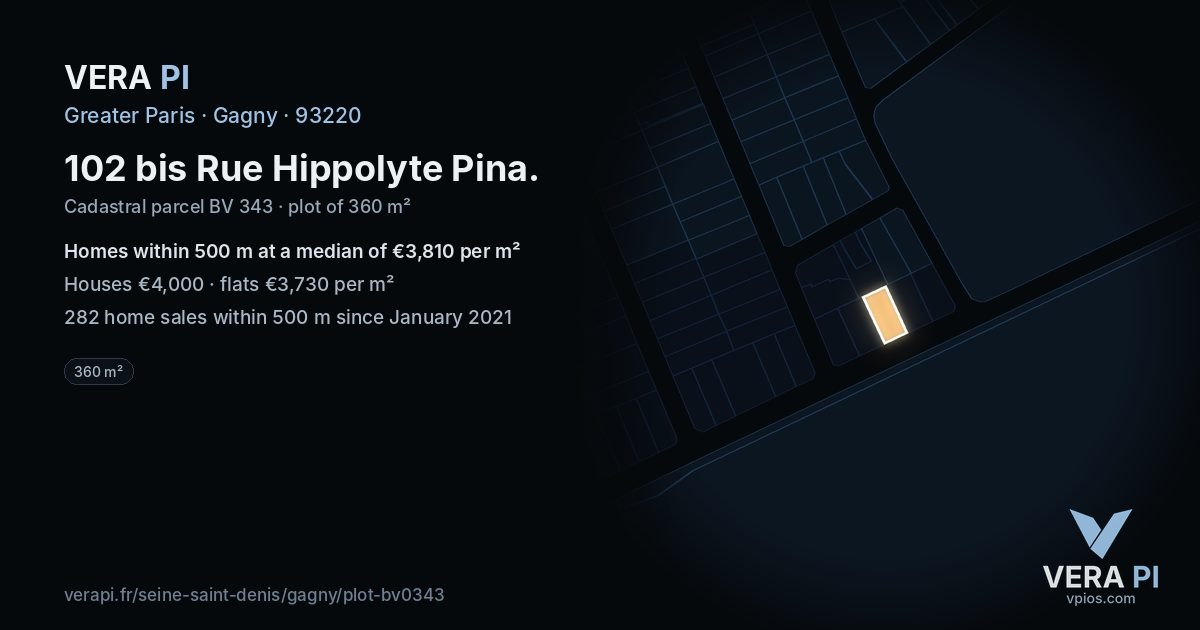 102 bis Rue Hippolyte Pina, Gagny at night – the plot lit, the parcels around coloured by the prices near them
