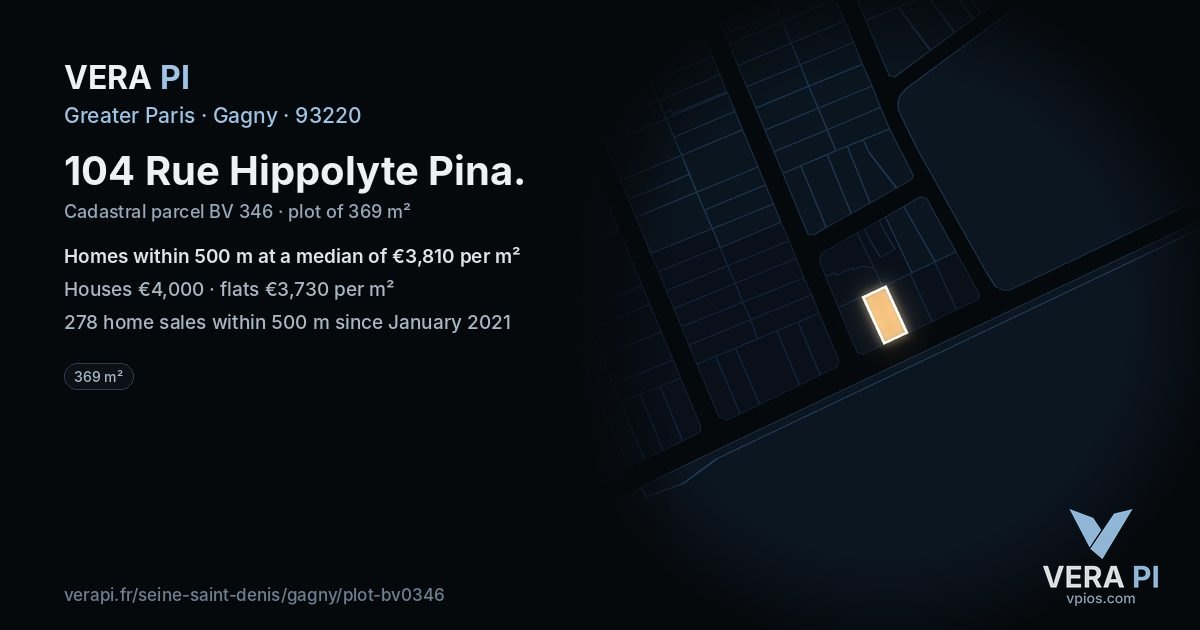 104 Rue Hippolyte Pina, Gagny at night – the plot lit, the parcels around coloured by the prices near them
