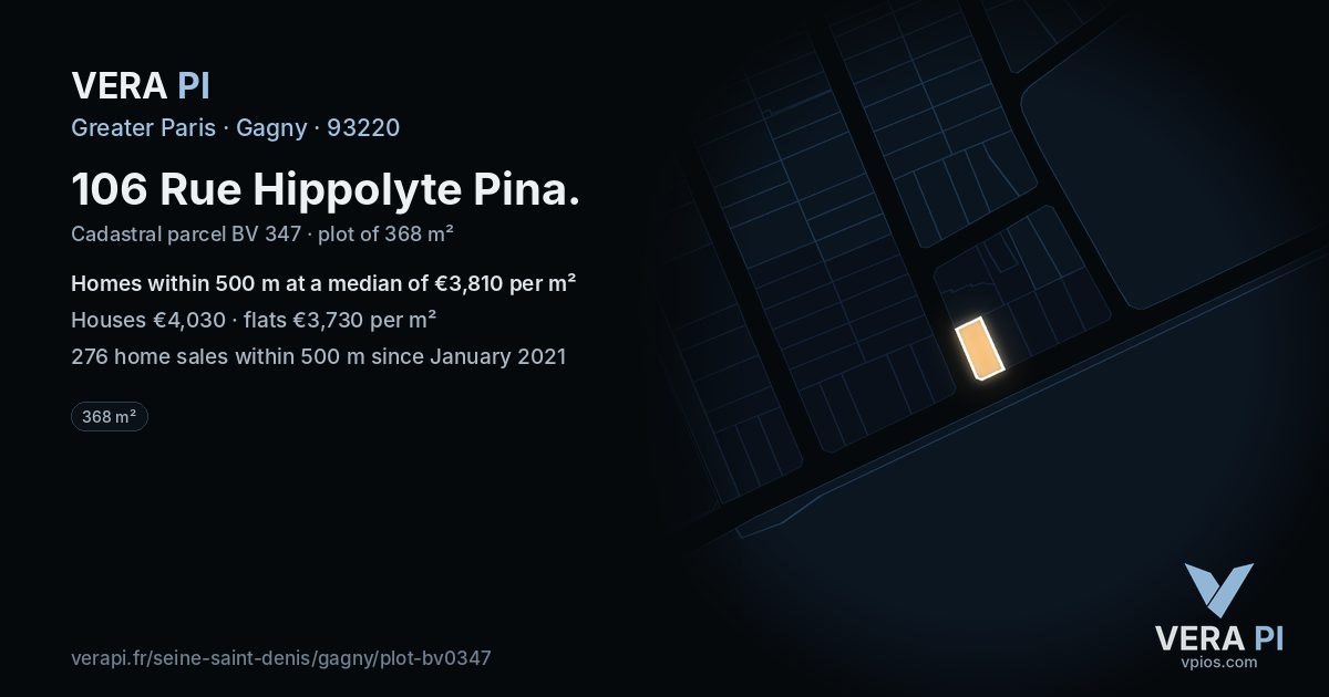 106 Rue Hippolyte Pina, Gagny at night – the plot lit, the parcels around coloured by the prices near them