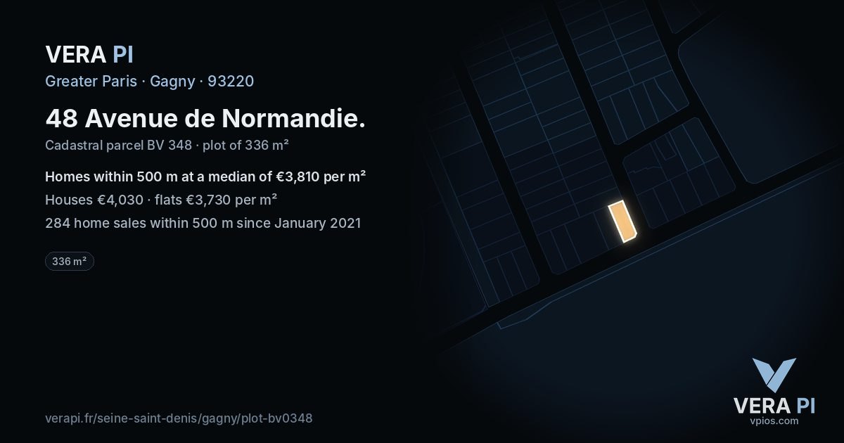 48 Avenue de Normandie, Gagny at night – the plot lit, the parcels around coloured by the prices near them