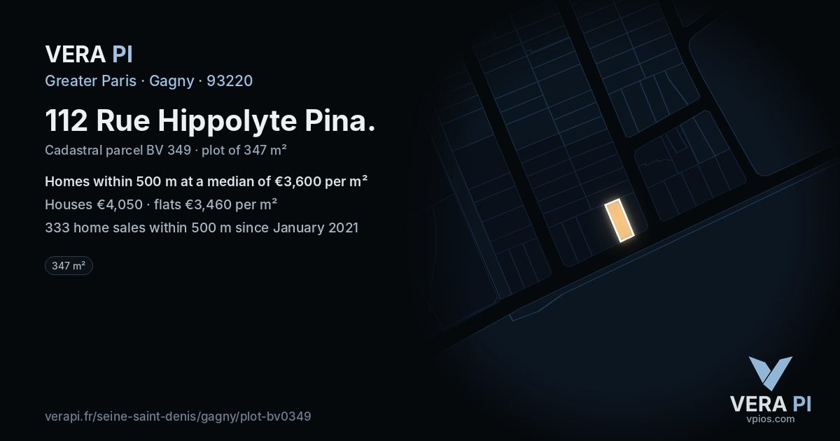 112 Rue Hippolyte Pina, Gagny at night – the plot lit, the parcels around coloured by the prices near them