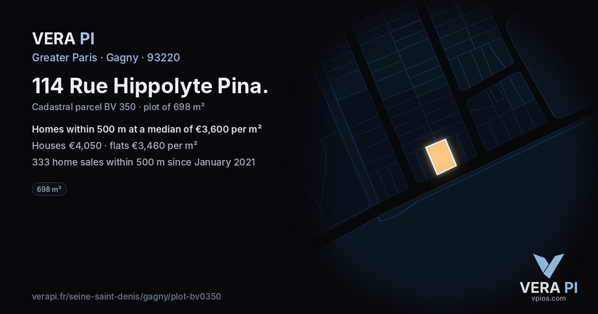 114 Rue Hippolyte Pina, Gagny at night – the plot lit, the parcels around coloured by the prices near them