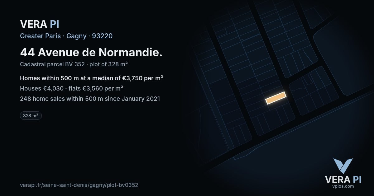 44 Avenue de Normandie, Gagny at night – the plot lit, the parcels around coloured by the prices near them