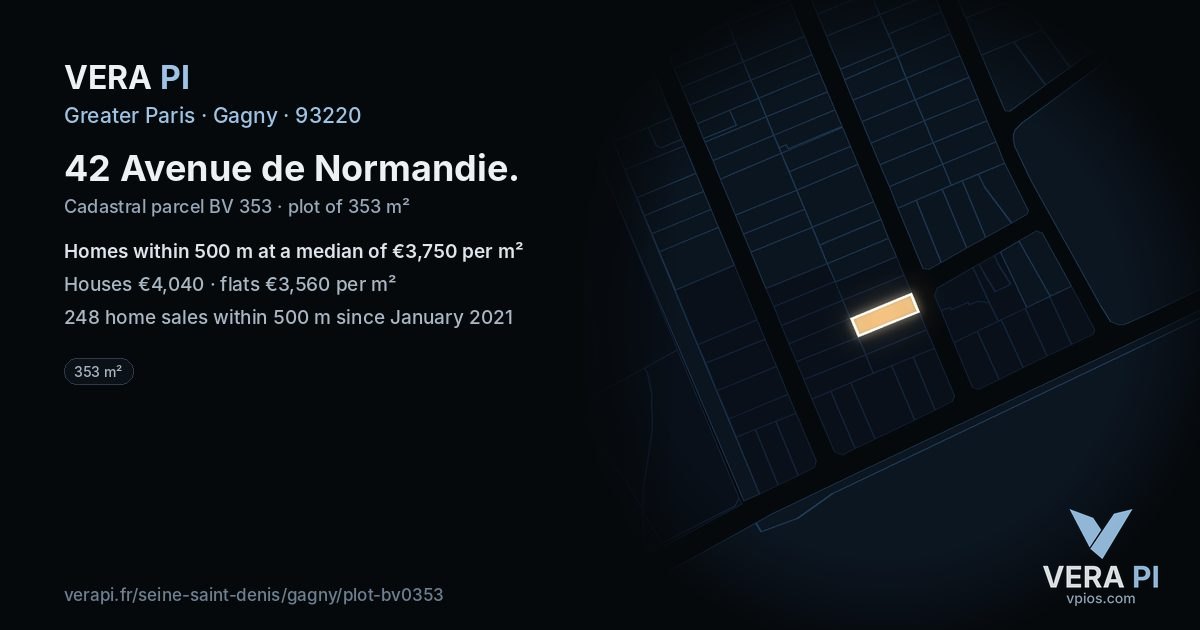 42 Avenue de Normandie, Gagny at night – the plot lit, the parcels around coloured by the prices near them