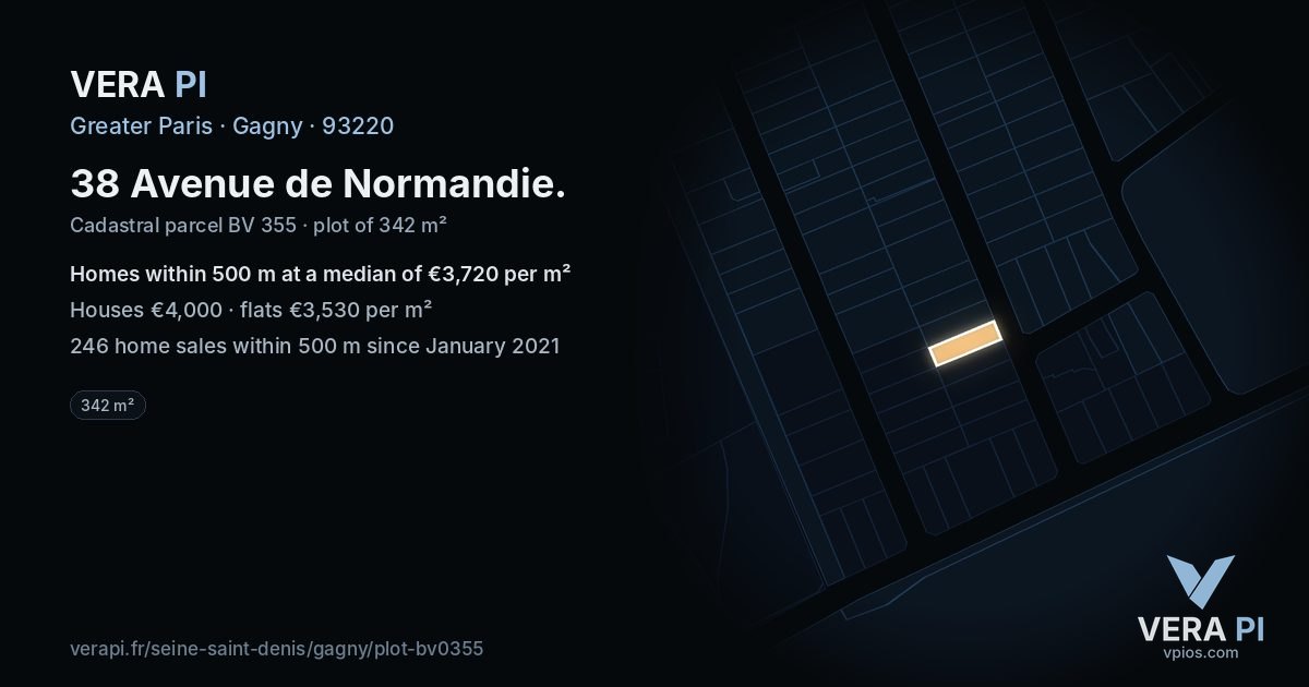 38 Avenue de Normandie, Gagny at night – the plot lit, the parcels around coloured by the prices near them