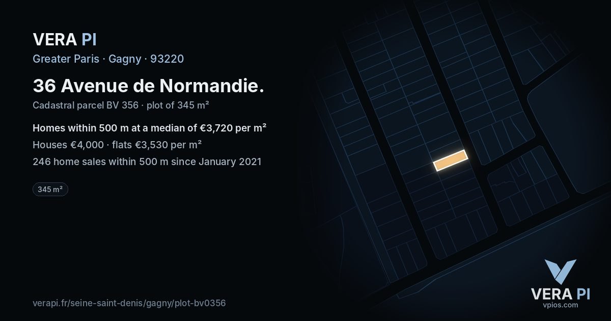 36 Avenue de Normandie, Gagny at night – the plot lit, the parcels around coloured by the prices near them