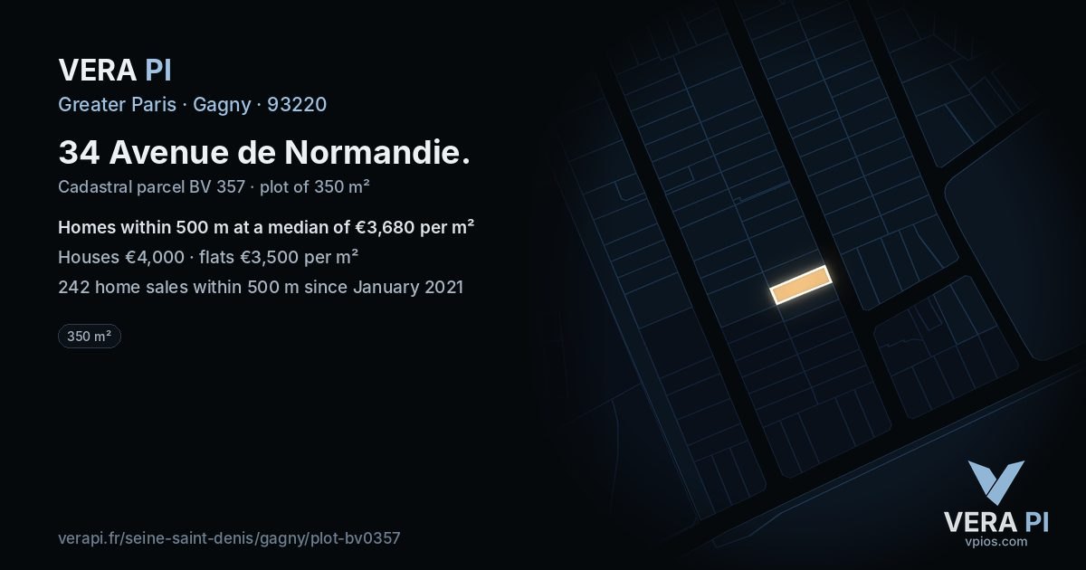 34 Avenue de Normandie, Gagny at night – the plot lit, the parcels around coloured by the prices near them