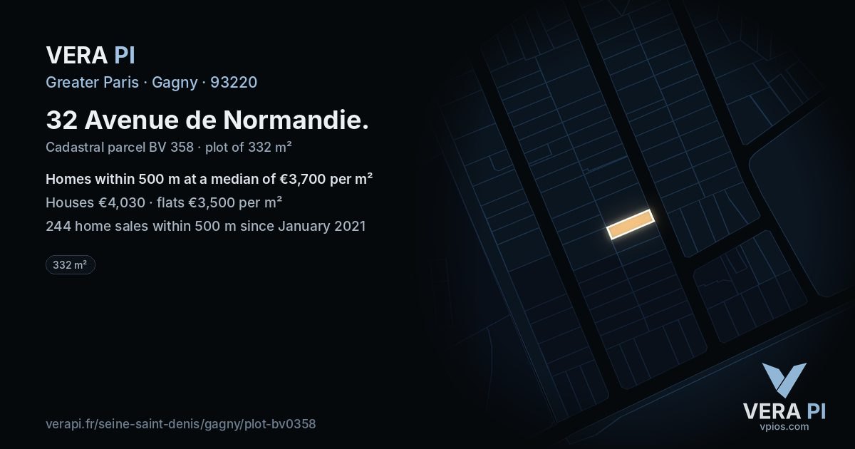 32 Avenue de Normandie, Gagny at night – the plot lit, the parcels around coloured by the prices near them