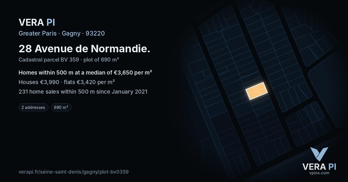 28 Avenue de Normandie, Gagny at night – the plot lit, the parcels around coloured by the prices near them