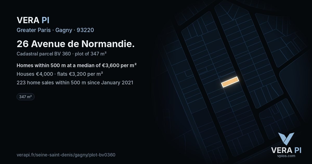 26 Avenue de Normandie, Gagny at night – the plot lit, the parcels around coloured by the prices near them