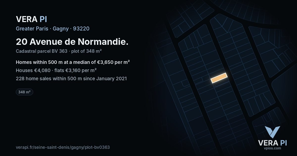 20 Avenue de Normandie, Gagny at night – the plot lit, the parcels around coloured by the prices near them