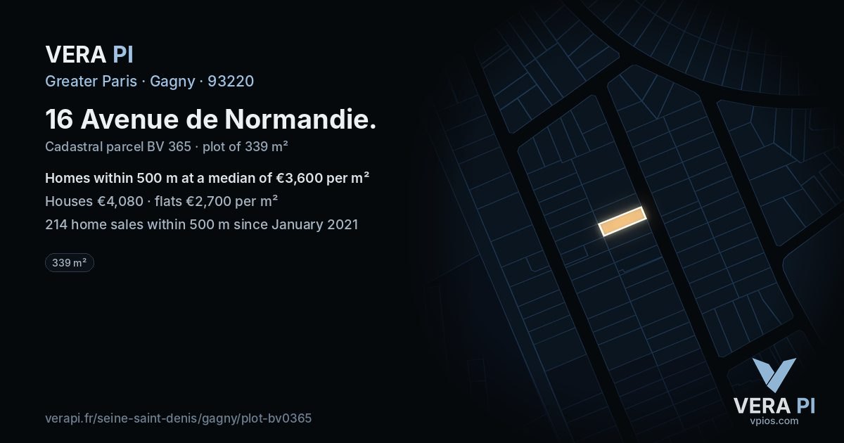 16 Avenue de Normandie, Gagny at night – the plot lit, the parcels around coloured by the prices near them