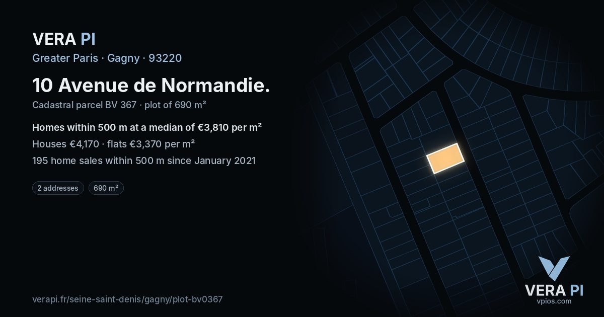 10 Avenue de Normandie, Gagny at night – the plot lit, the parcels around coloured by the prices near them