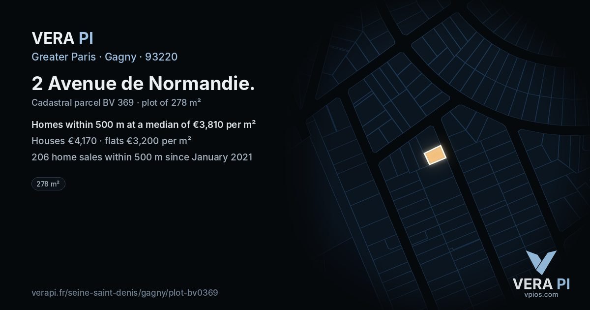 2 Avenue de Normandie, Gagny at night – the plot lit, the parcels around coloured by the prices near them