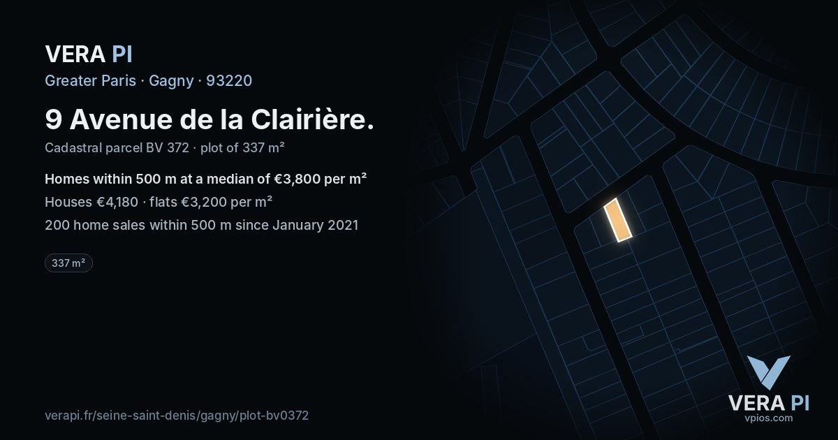 9 Avenue de la Clairière, Gagny at night – the plot lit, the parcels around coloured by the prices near them
