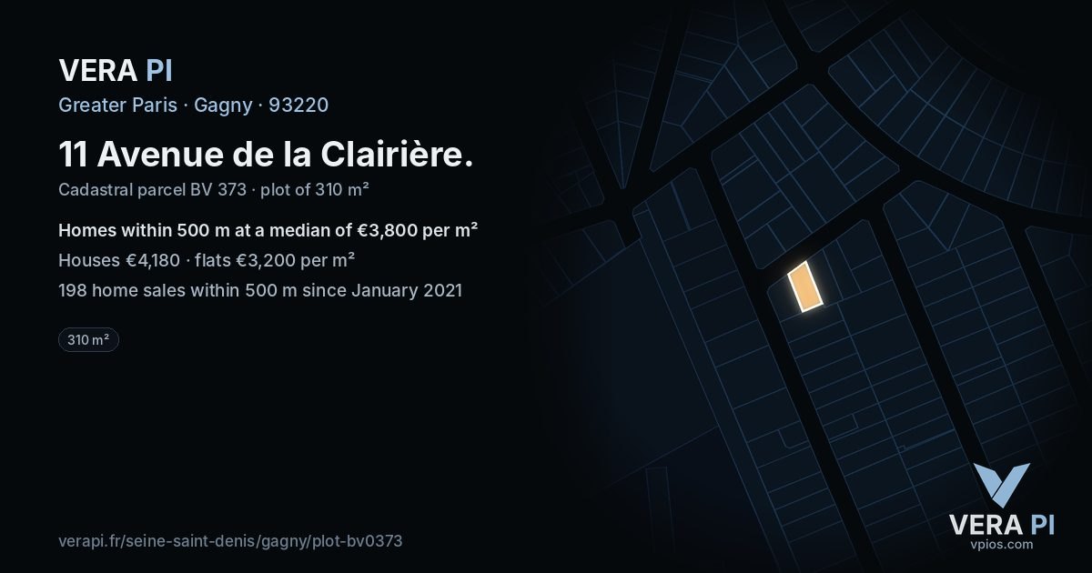 11 Avenue de la Clairière, Gagny at night – the plot lit, the parcels around coloured by the prices near them