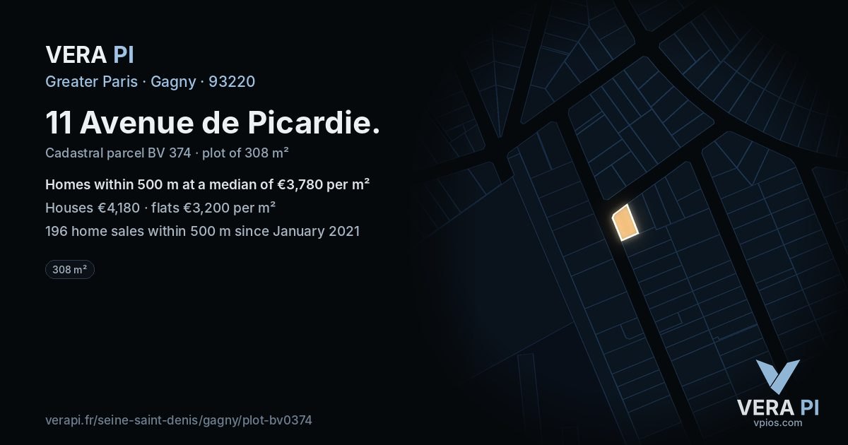 11 Avenue de Picardie, Gagny at night – the plot lit, the parcels around coloured by the prices near them
