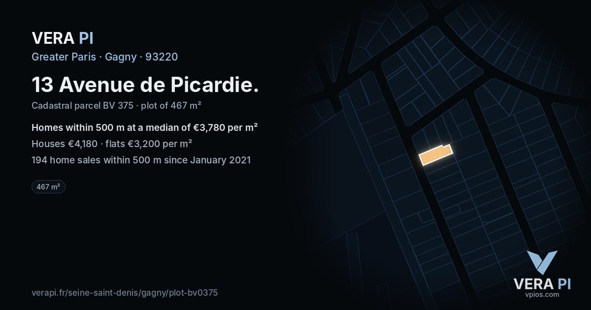 13 Avenue de Picardie, Gagny at night – the plot lit, the parcels around coloured by the prices near them