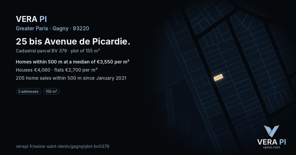 25 bis Avenue de Picardie, Gagny at night – the plot lit, the parcels around coloured by the prices near them
