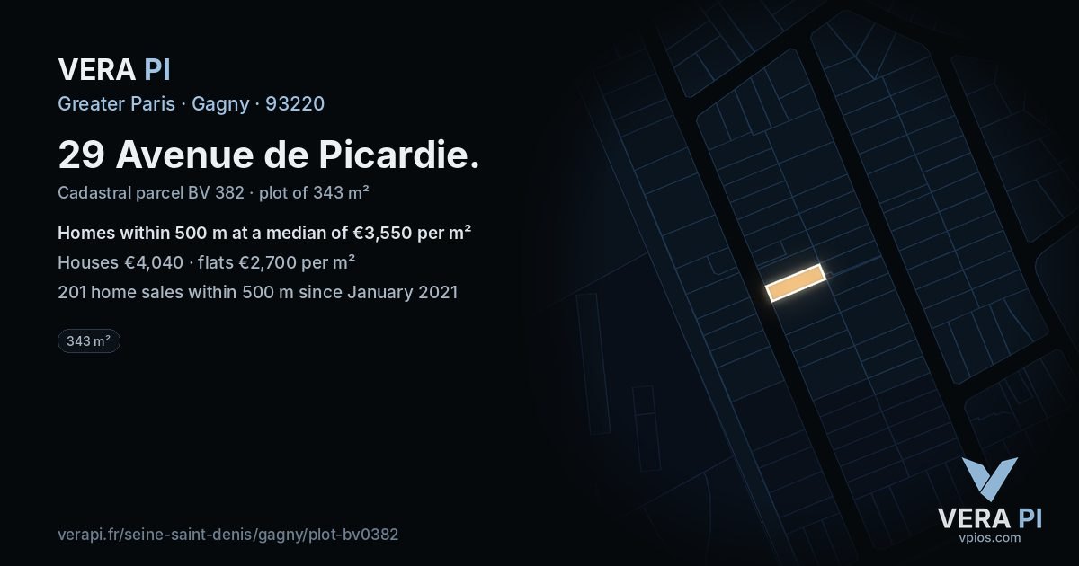 29 Avenue de Picardie, Gagny at night – the plot lit, the parcels around coloured by the prices near them