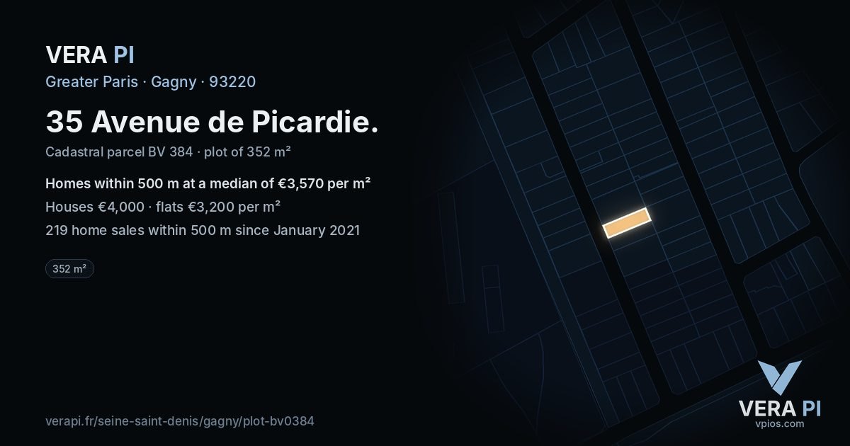 35 Avenue de Picardie, Gagny at night – the plot lit, the parcels around coloured by the prices near them