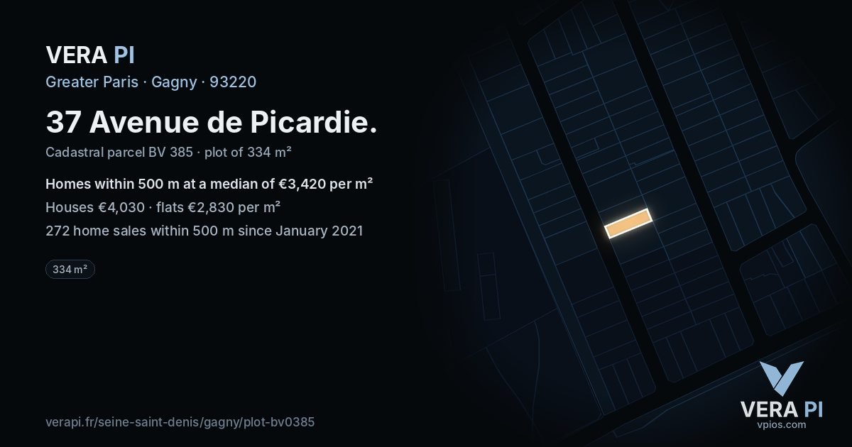 37 Avenue de Picardie, Gagny at night – the plot lit, the parcels around coloured by the prices near them