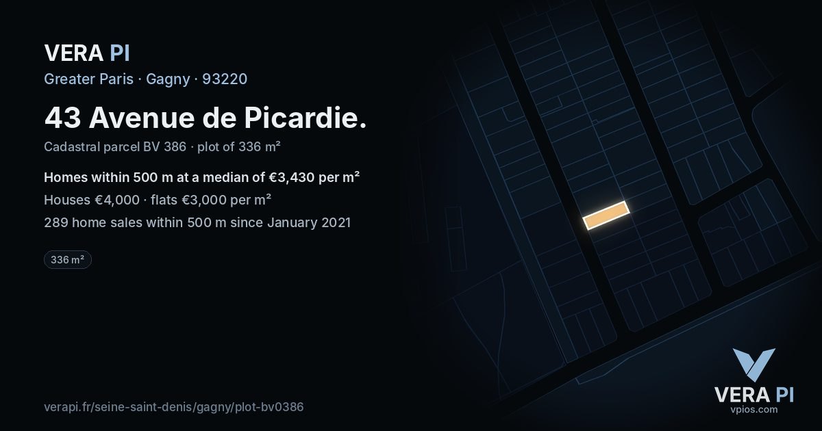 43 Avenue de Picardie, Gagny at night – the plot lit, the parcels around coloured by the prices near them