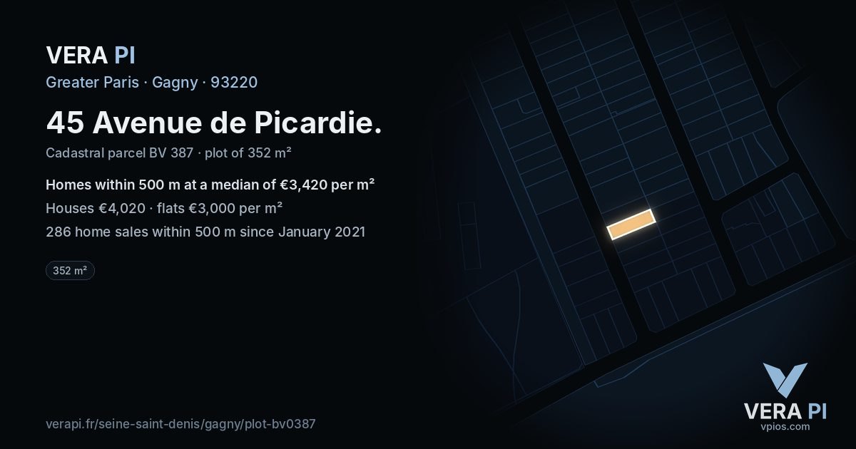 45 Avenue de Picardie, Gagny at night – the plot lit, the parcels around coloured by the prices near them