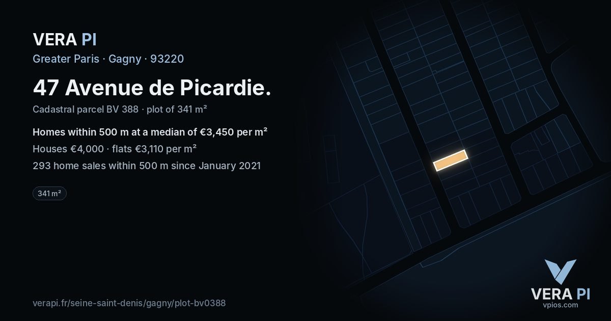 47 Avenue de Picardie, Gagny at night – the plot lit, the parcels around coloured by the prices near them