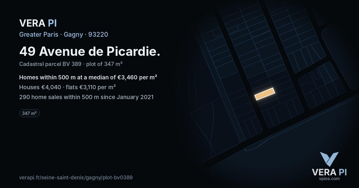 49 Avenue de Picardie, Gagny at night – the plot lit, the parcels around coloured by the prices near them