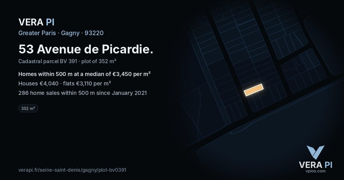 53 Avenue de Picardie, Gagny at night – the plot lit, the parcels around coloured by the prices near them